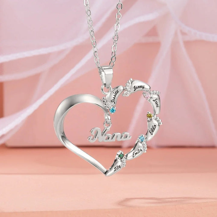 Personalized Engraved Baby Feet Heart Family Necklace with 1 - 8 Names and Birthstones Mother‘s Day Birthday for Mother Grandma - Canvasgiftco