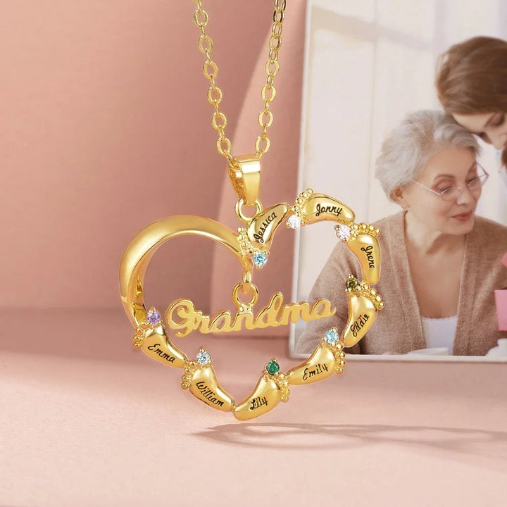 Personalized Engraved Baby Feet Heart Family Necklace with 1 - 8 Names and Birthstones Mother‘s Day Birthday for Mother Grandma - Canvasgiftco