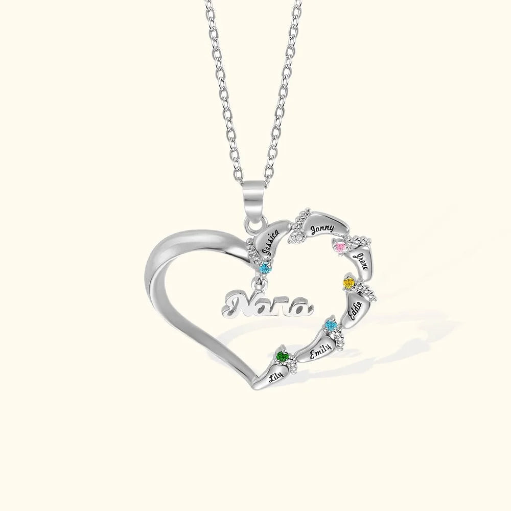 Personalized Engraved Baby Feet Heart Family Necklace with 1 - 8 Names and Birthstones Mother‘s Day Birthday for Mother Grandma - Canvasgiftco