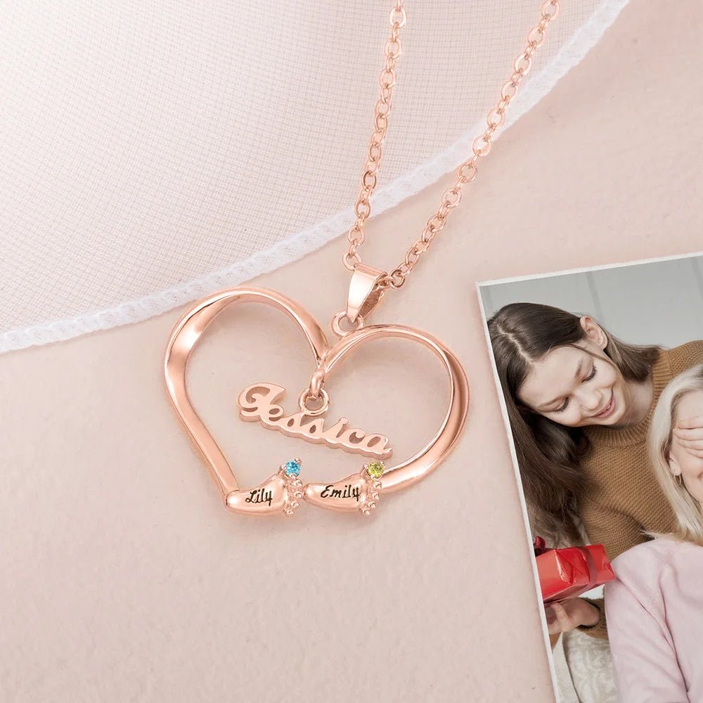 Personalized Engraved Baby Feet Heart Family Necklace with 1 - 8 Names and Birthstones Mother‘s Day Birthday for Mother Grandma - Canvasgiftco