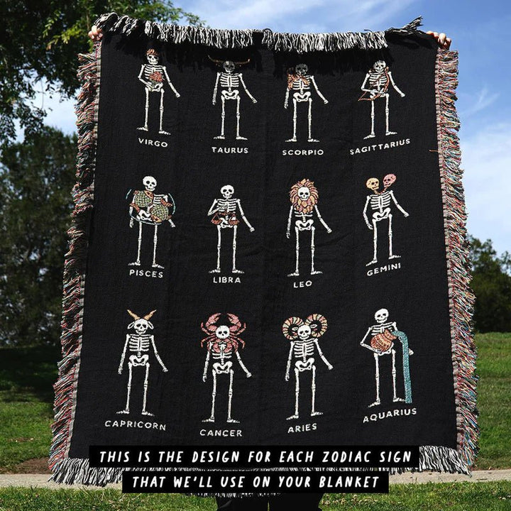 Personalized Gothic Skeleton Couple Woven Blanket – Custom Zodiac & Names Blanket - Canvasgiftco