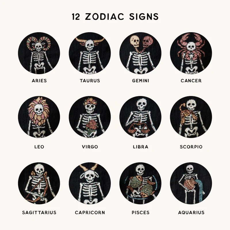 Personalized Gothic Skeleton Couple Woven Blanket – Custom Zodiac & Names Blanket - Canvasgiftco