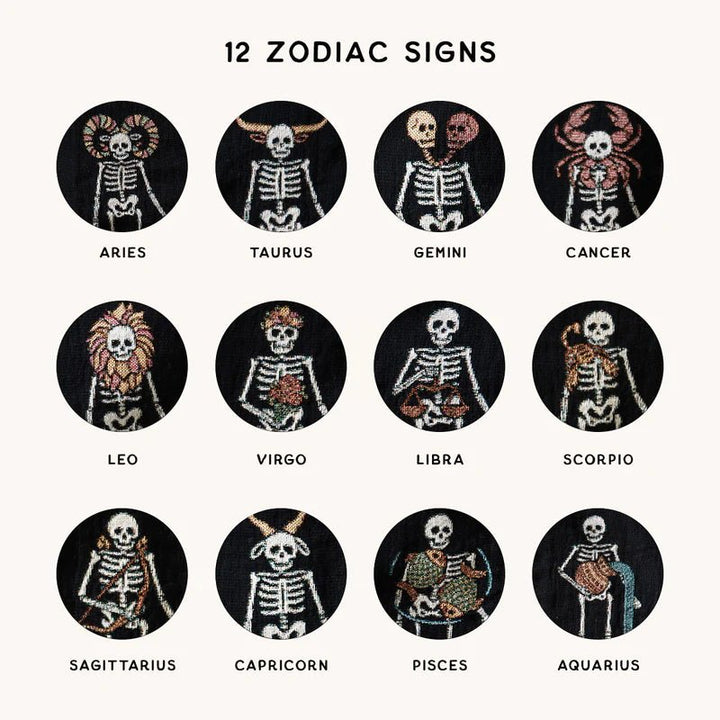 Personalized Gothic Skeleton Couple Woven Blanket – Custom Zodiac & Names Blanket - Canvasgiftco