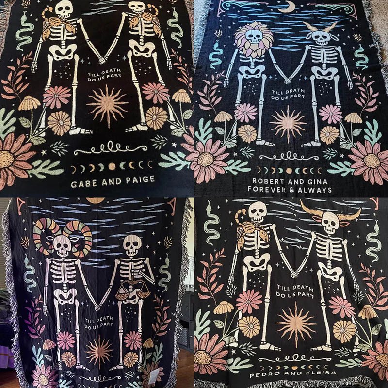Personalized Gothic Skeleton Couple Woven Blanket – Custom Zodiac & Names Blanket - Canvasgiftco
