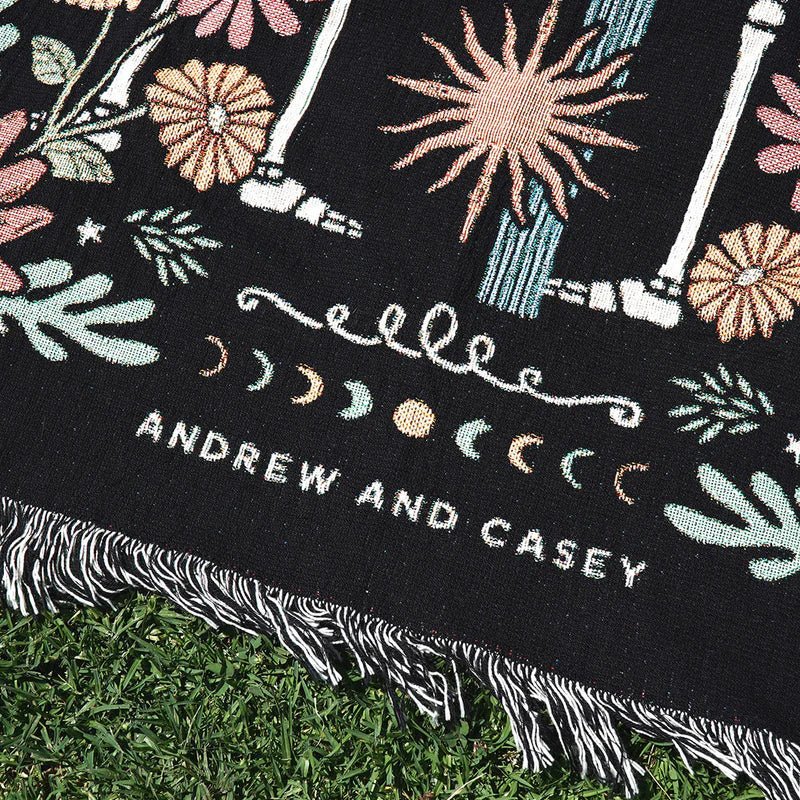 Personalized Gothic Skeleton Couple Woven Blanket – Custom Zodiac & Names Blanket - Canvasgiftco