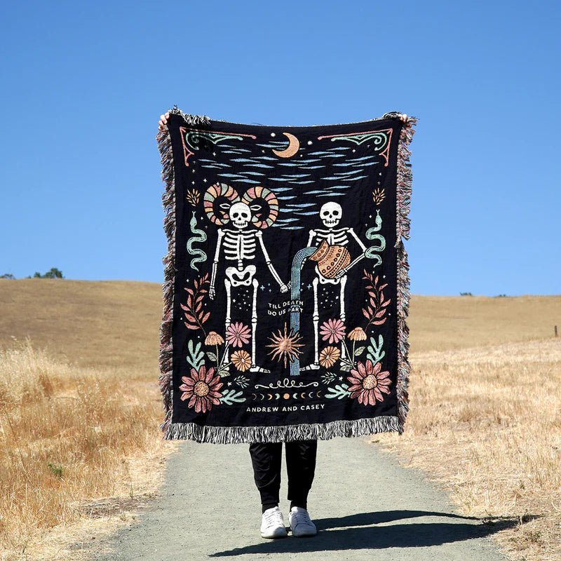 Personalized Gothic Skeleton Couple Woven Blanket – Custom Zodiac & Names Blanket - Canvasgiftco