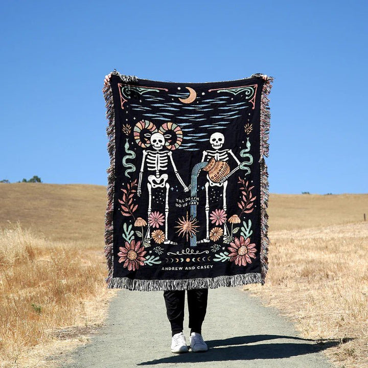 Personalized Gothic Skeleton Couple Woven Blanket – Custom Zodiac & Names Blanket - Canvasgiftco