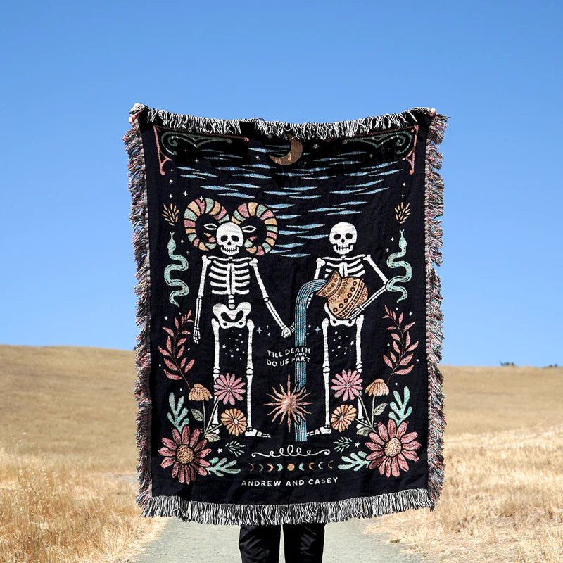 Personalized Gothic Skeleton Couple Woven Blanket – Custom Zodiac & Names Blanket - Canvasgiftco