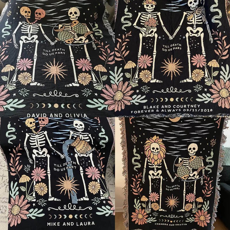 Personalized Gothic Skeleton Couple Woven Blanket – Custom Zodiac & Names Blanket - Canvasgiftco