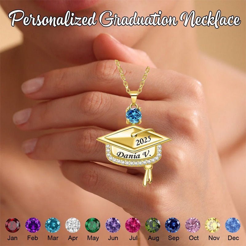 Personalized Graduation Cap Birthstone Necklace with Engraved Name and Year - Canvasgiftco