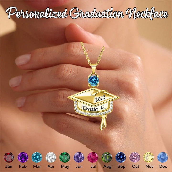 Personalized Graduation Cap Birthstone Necklace with Engraved Name and Year - Canvasgiftco