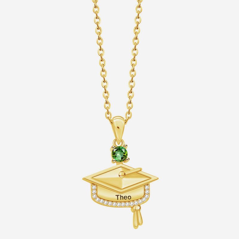 Personalized Graduation Cap Birthstone Necklace with Engraved Name and Year - Canvasgiftco