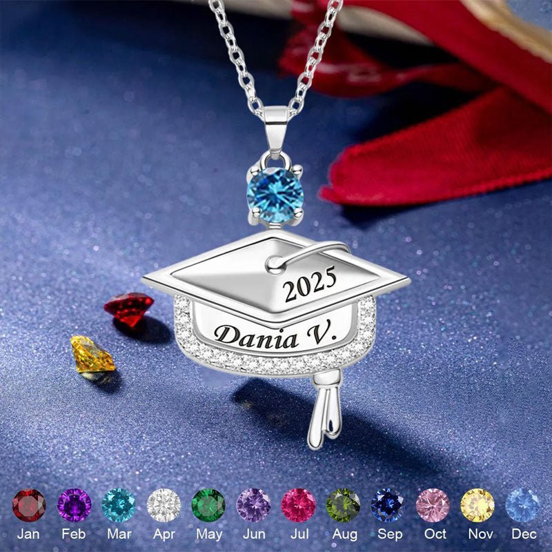 Personalized Graduation Cap Birthstone Necklace with Engraved Name and Year - Canvasgiftco