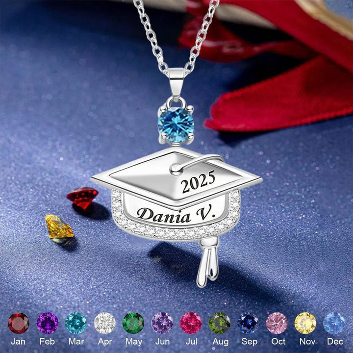 Personalized Graduation Cap Birthstone Necklace with Engraved Name and Year - Canvasgiftco