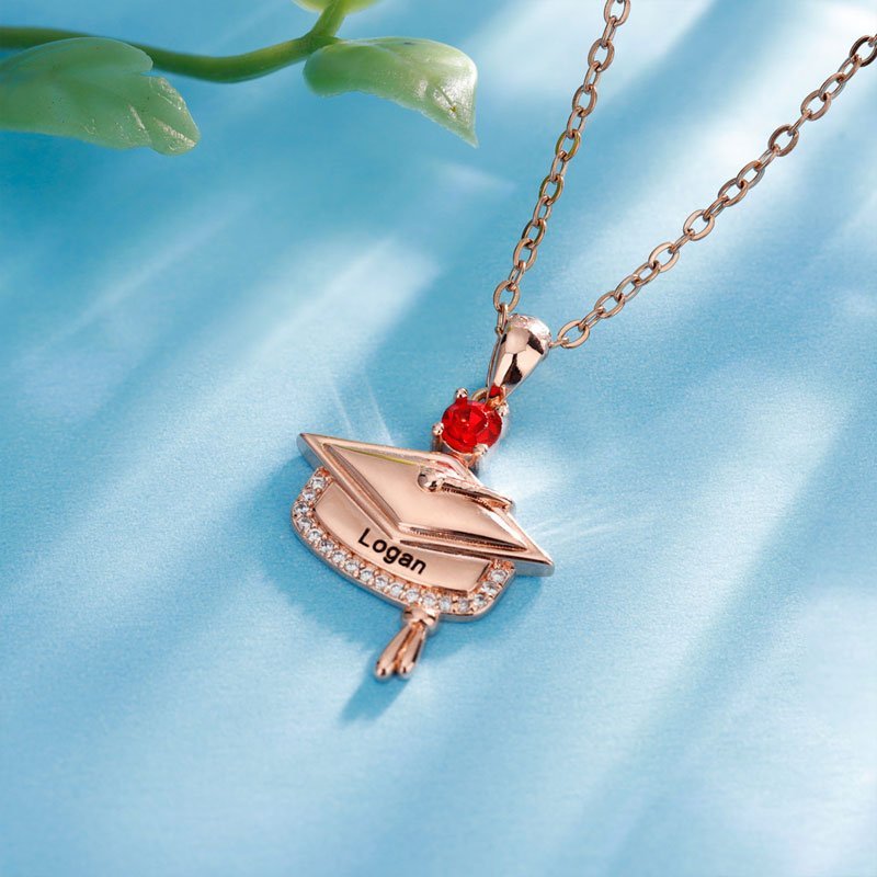 Personalized Graduation Cap Birthstone Necklace with Engraved Name and Year - Canvasgiftco