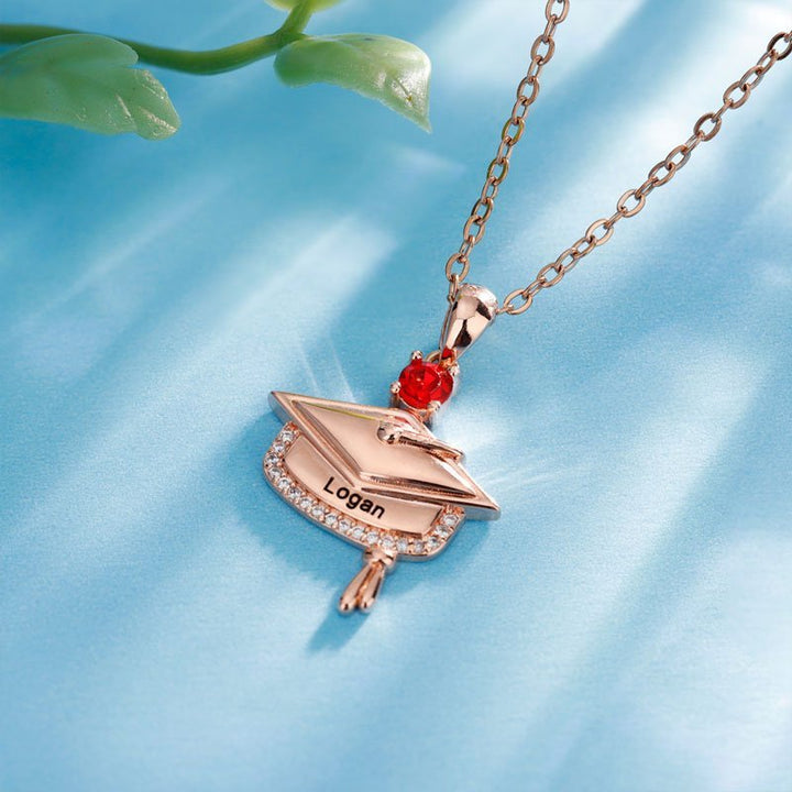 Personalized Graduation Cap Birthstone Necklace with Engraved Name and Year - Canvasgiftco