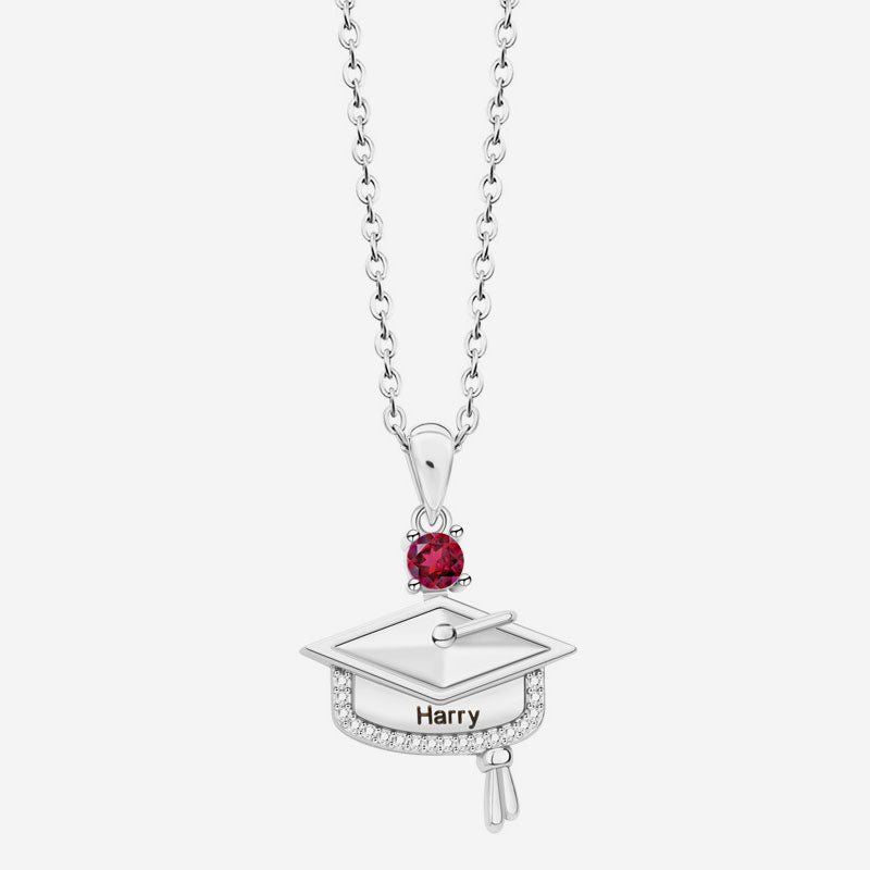 Personalized Graduation Cap Birthstone Necklace with Engraved Name and Year - Canvasgiftco