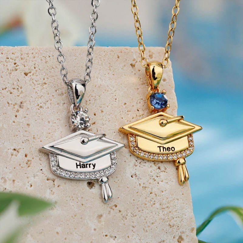 Personalized Graduation Cap Birthstone Necklace with Engraved Name and Year - Canvasgiftco