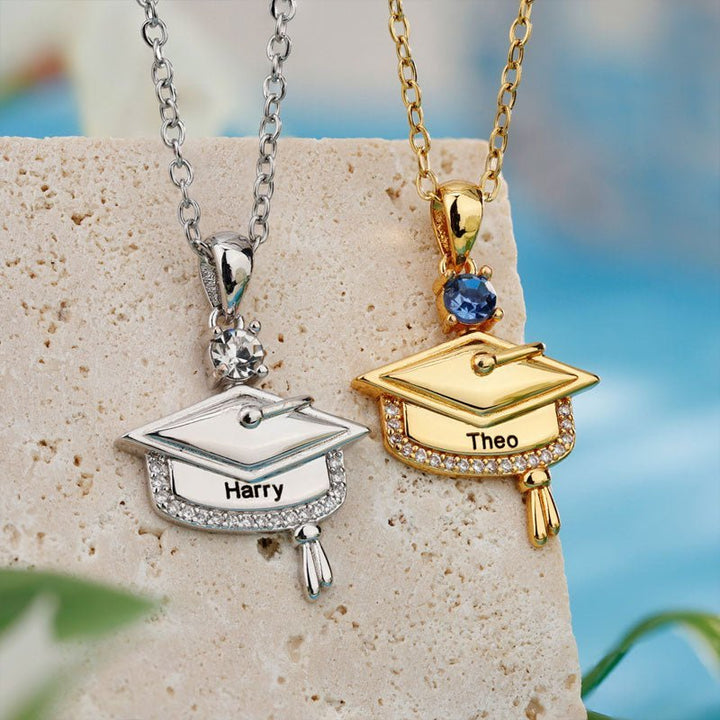 Personalized Graduation Cap Birthstone Necklace with Engraved Name and Year - Canvasgiftco