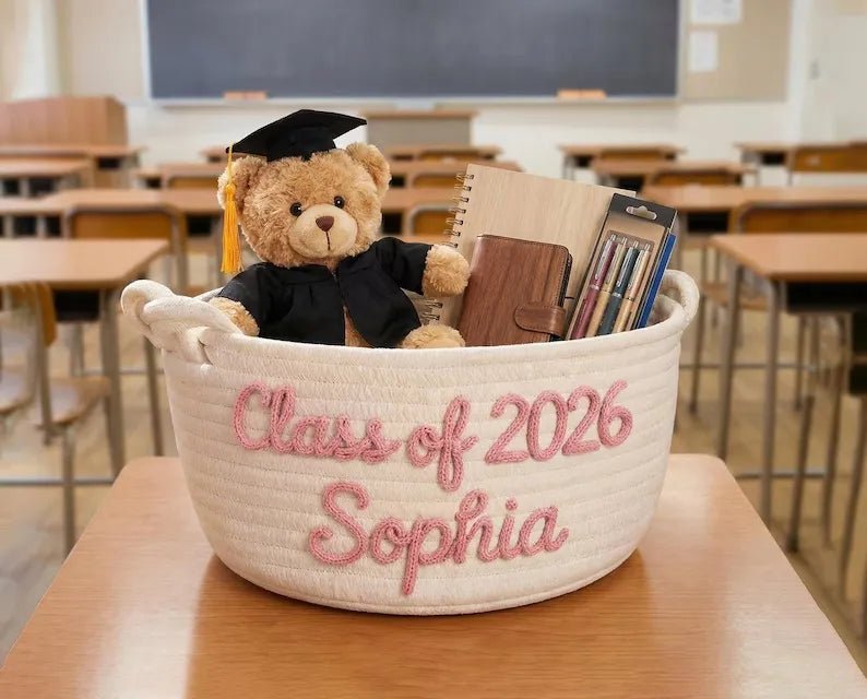 Personalized graduation gift baskets, custom-made name-strap storage boxes, gifts for graduates, decorations for high school/college graduation parties. - Canvasgiftco