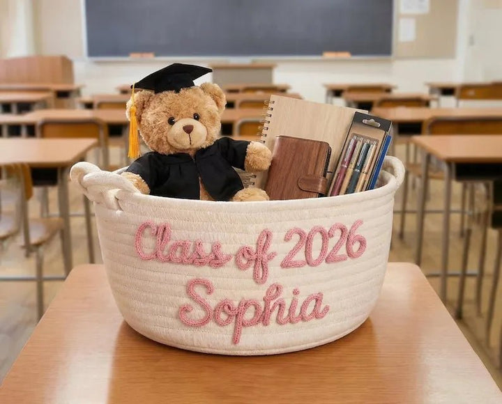 Personalized graduation gift baskets, custom-made name-strap storage boxes, gifts for graduates, decorations for high school/college graduation parties. - Canvasgiftco