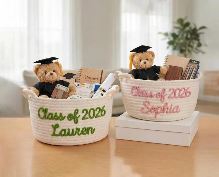 Personalized graduation gift baskets, custom-made name-strap storage boxes, gifts for graduates, decorations for high school/college graduation parties. - Canvasgiftco