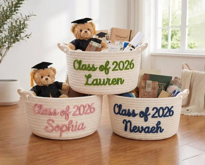 Personalized graduation gift baskets, custom-made name-strap storage boxes, gifts for graduates, decorations for high school/college graduation parties. - Canvasgiftco