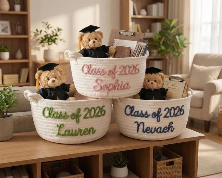 Personalized graduation gift baskets, custom-made name-strap storage boxes, gifts for graduates, decorations for high school/college graduation parties. - Canvasgiftco