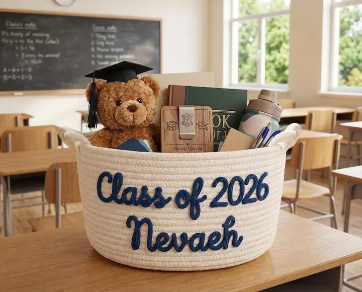 Personalized graduation gift baskets, custom-made name-strap storage boxes, gifts for graduates, decorations for high school/college graduation parties. - Canvasgiftco