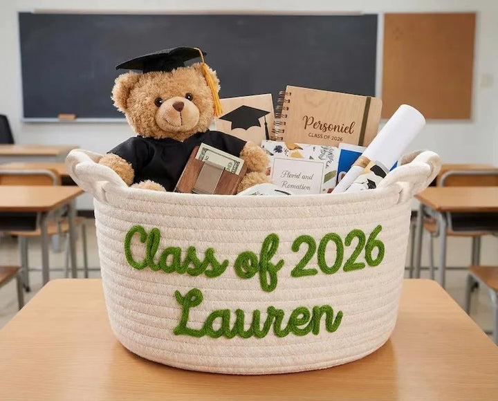 Personalized graduation gift baskets, custom-made name-strap storage boxes, gifts for graduates, decorations for high school/college graduation parties. - Canvasgiftco