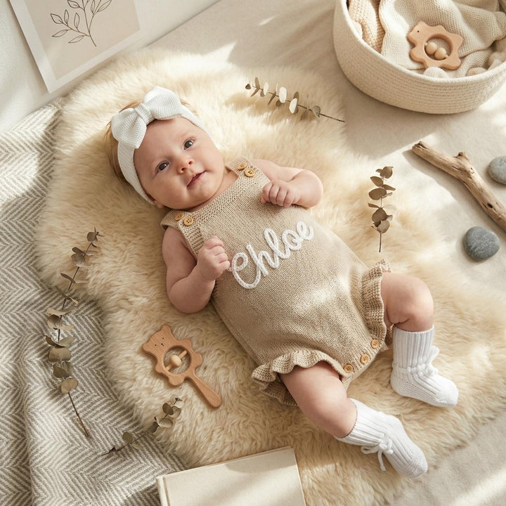 Personalized Hand-Embroidered Knit Baby Romper – Custom Name Baby Girl Outfit - Canvasgiftco