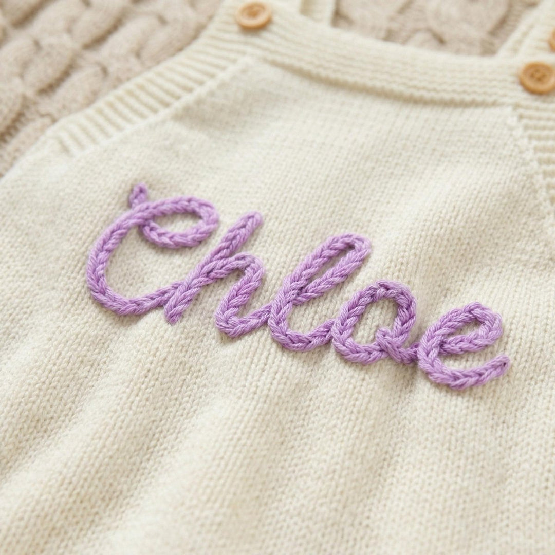 Personalized Hand-Embroidered Knit Baby Romper – Custom Name Baby Girl Outfit - Canvasgiftco