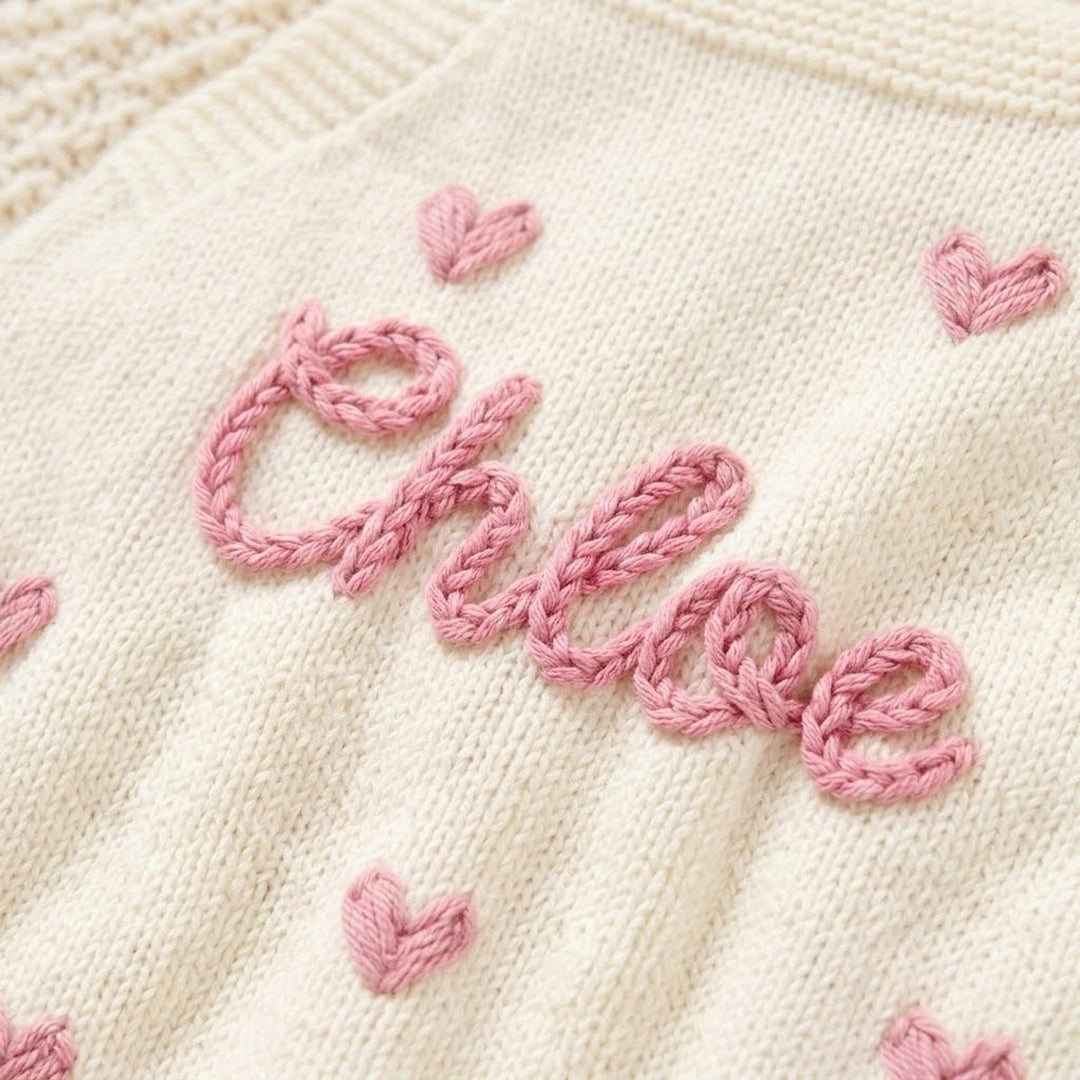 Personalized Hand-Embroidered Knit Baby Romper – Custom Name Baby Girl Outfit - Canvasgiftco