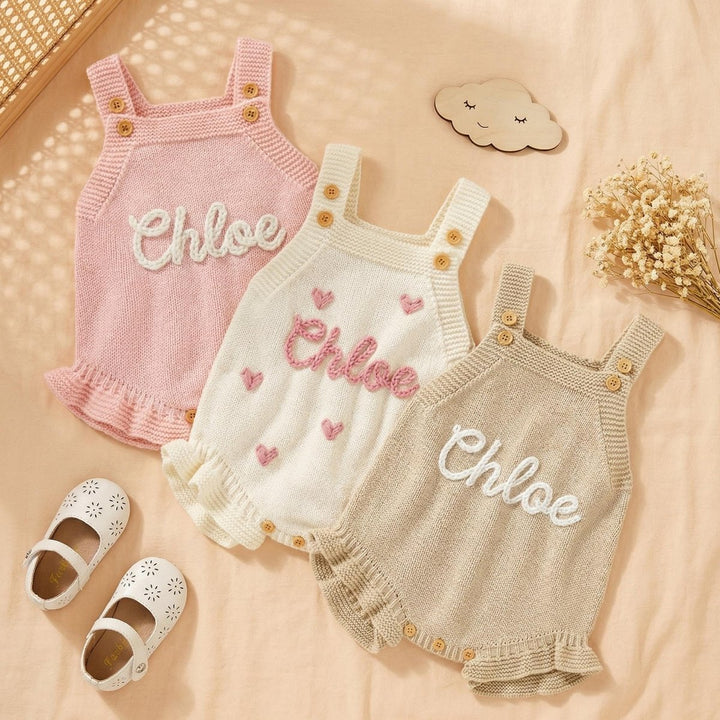 Personalized Hand-Embroidered Knit Baby Romper – Custom Name Baby Girl Outfit - Canvasgiftco