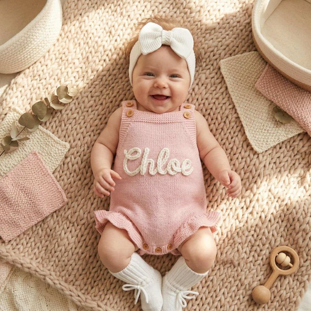 Personalized Hand-Embroidered Knit Baby Romper – Custom Name Baby Girl Outfit - Canvasgiftco