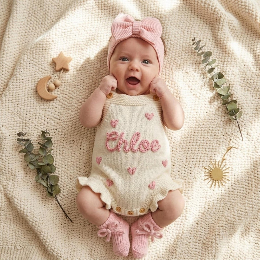 Personalized Hand-Embroidered Knit Baby Romper – Custom Name Baby Girl Outfit - Canvasgiftco
