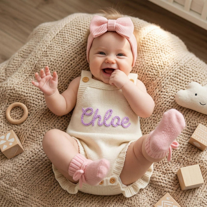 Personalized Hand-Embroidered Knit Baby Romper – Custom Name Baby Girl Outfit - Canvasgiftco
