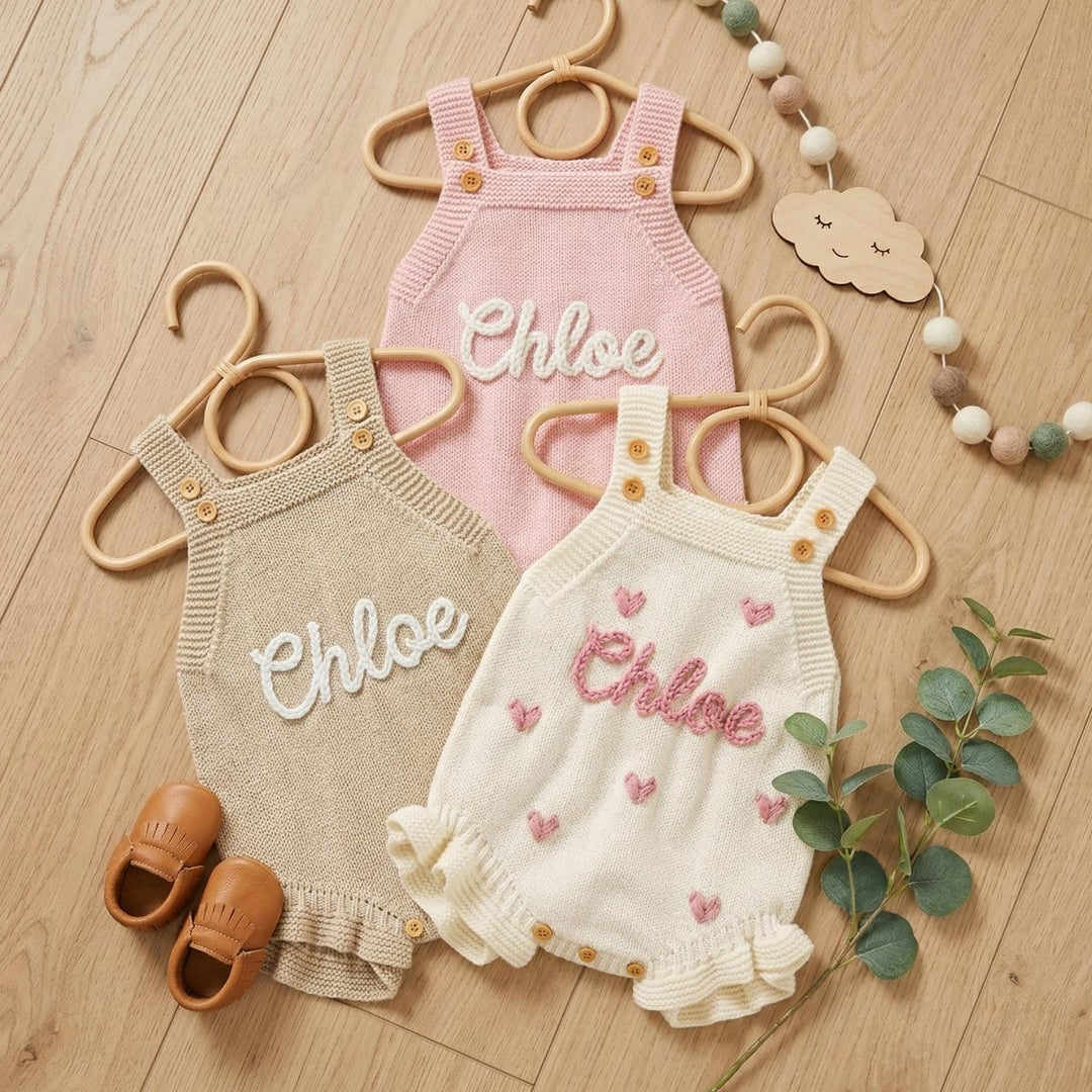 Personalized Hand-Embroidered Knit Baby Romper – Custom Name Baby Girl Outfit - Canvasgiftco
