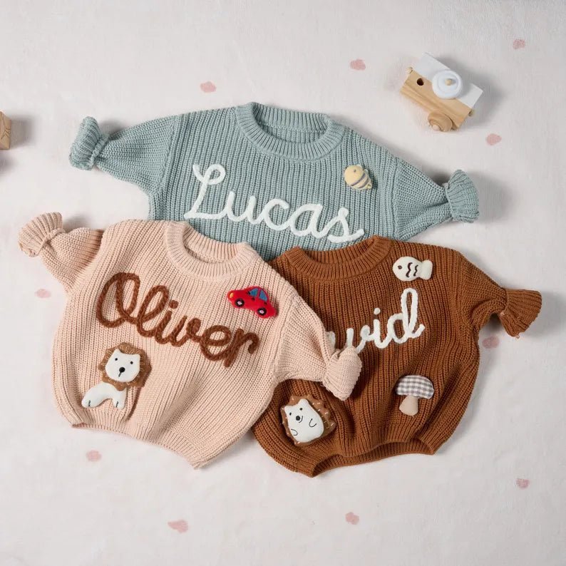 Personalized Hand-Knitted Baby Sweaters - A Hand-Embroidered Sweater Made for Baby’s First Memories - Canvasgiftco