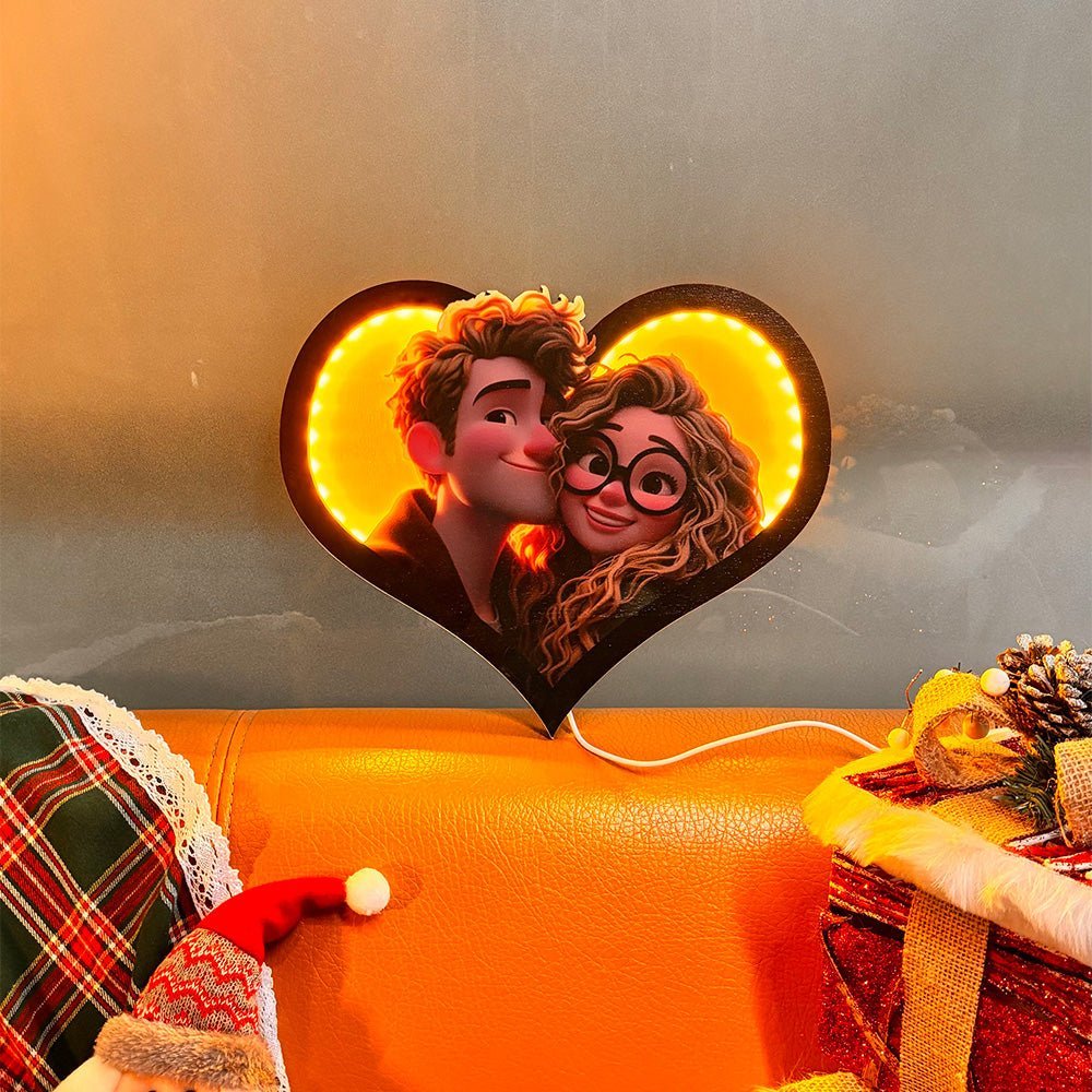Personalized Heart Photo Cartoon Portrait Frame with LED - Canvasgiftco