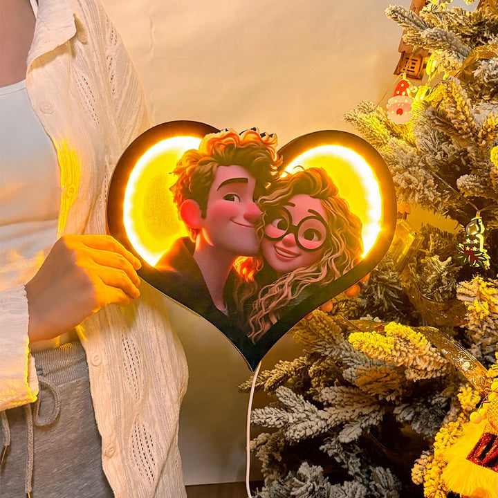 Personalized Heart Photo Cartoon Portrait Frame with LED - Canvasgiftco