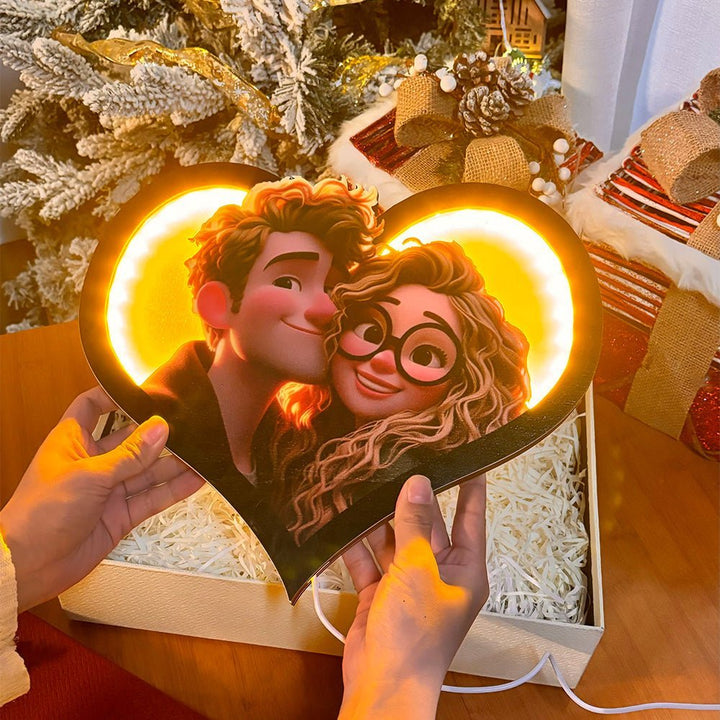 Personalized Heart Photo Cartoon Portrait Frame with LED - Canvasgiftco