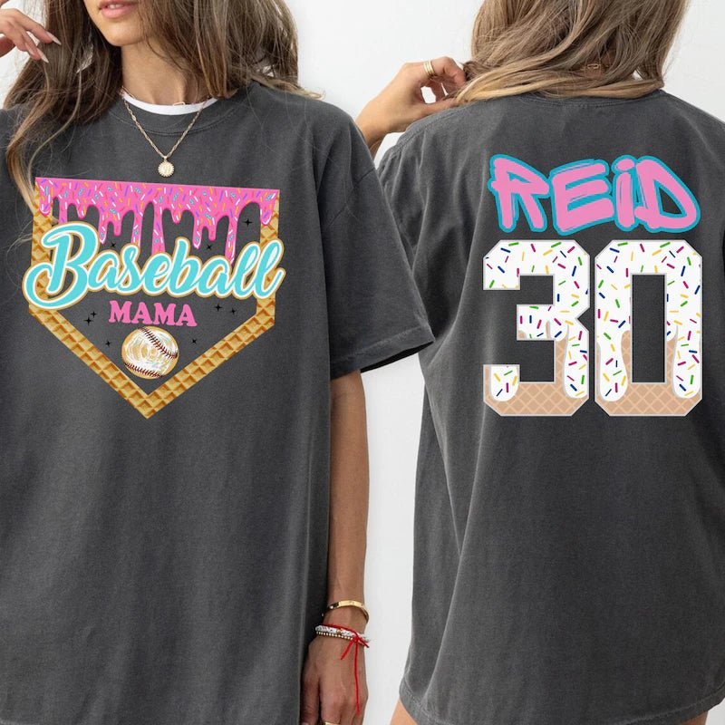 Personalized Ice Cream-Themed Sports Mom T-Shirt with Name & Number – Custom Baseball Mama Shirt - Canvasgiftco