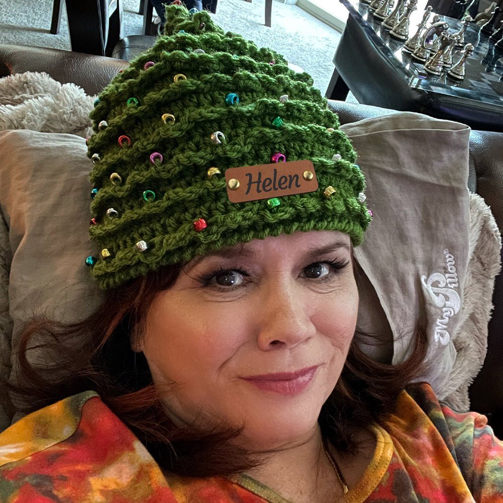 Personalized Leather Patch Christmas Tree Crochet Hat - Canvasgiftco