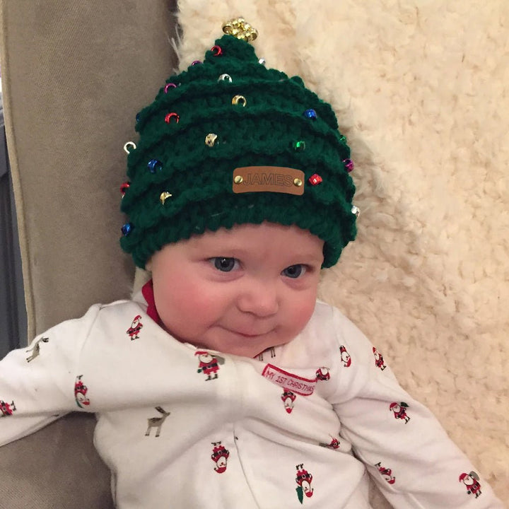 Personalized Leather Patch Christmas Tree Crochet Hat - Canvasgiftco