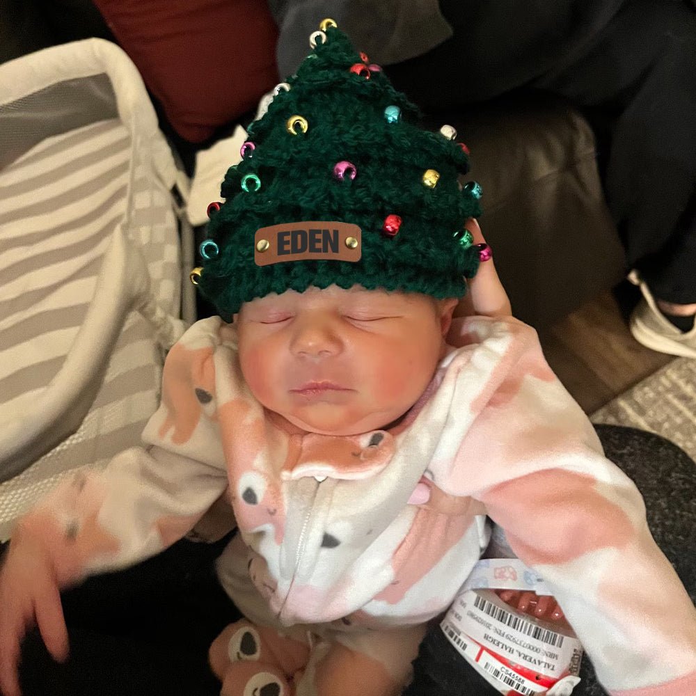 Personalized Leather Patch Christmas Tree Crochet Hat - Canvasgiftco