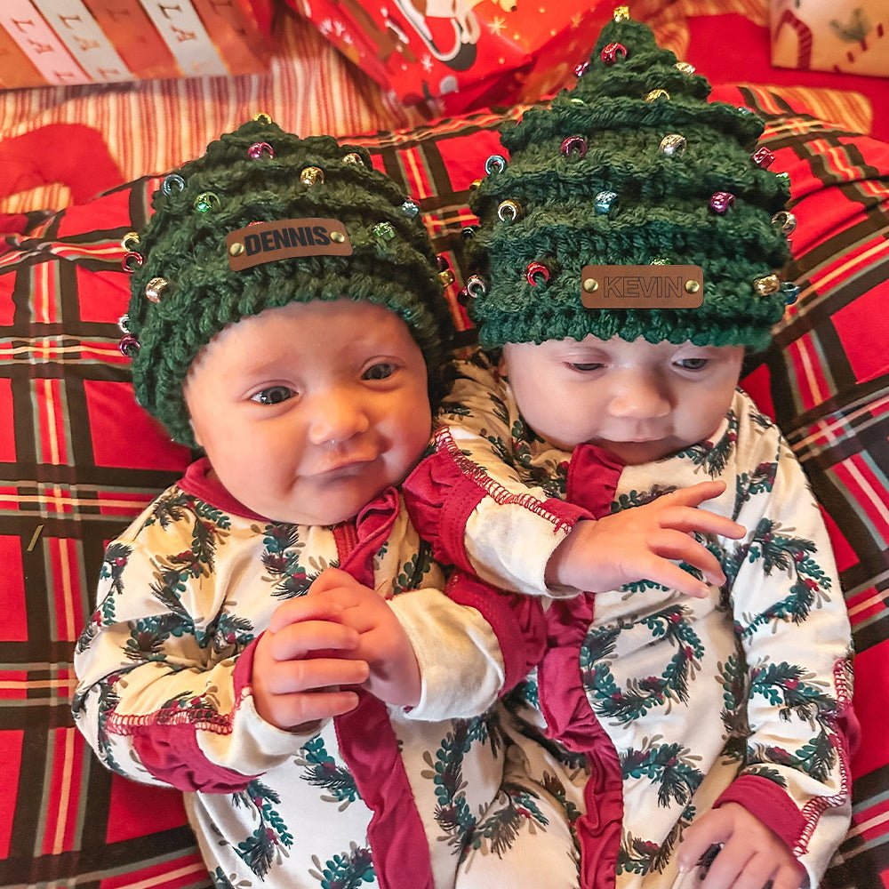 Personalized Leather Patch Christmas Tree Crochet Hat - Canvasgiftco
