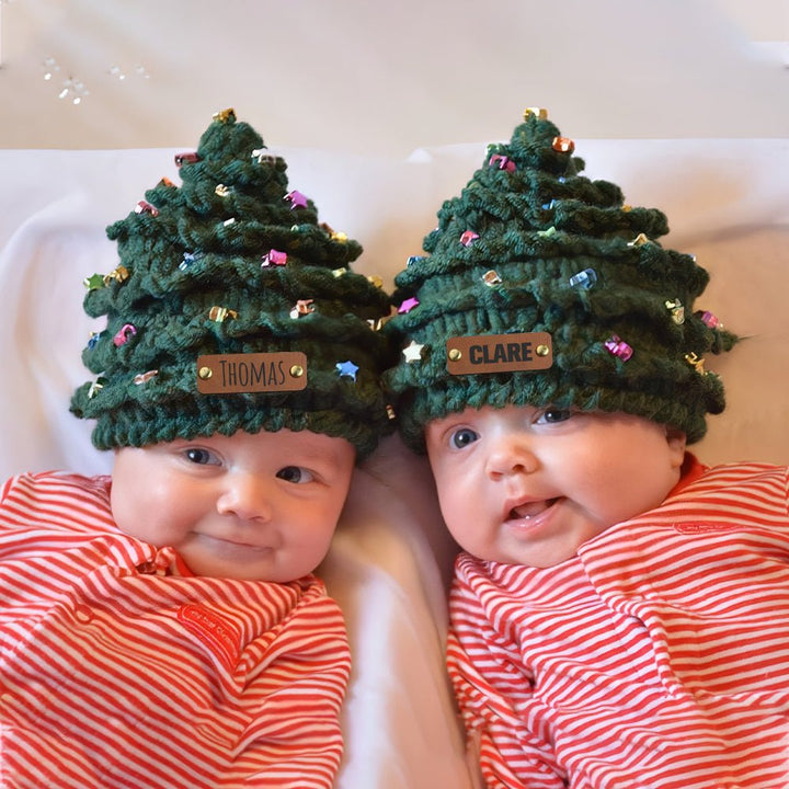 Personalized Leather Patch Christmas Tree Crochet Hat - Canvasgiftco