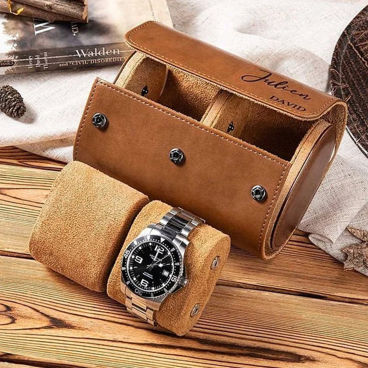 Personalized Portable Monogram Leather Watch Roll Travel Case with 1-3 Slots Wedding Father's Day Gift for Men Groomsmen - Canvasgiftco