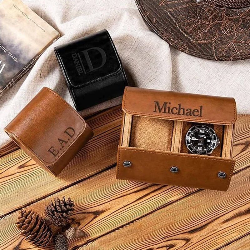Personalized Portable Monogram Leather Watch Roll Travel Case with 1-3 Slots Wedding Father's Day Gift for Men Groomsmen - Canvasgiftco